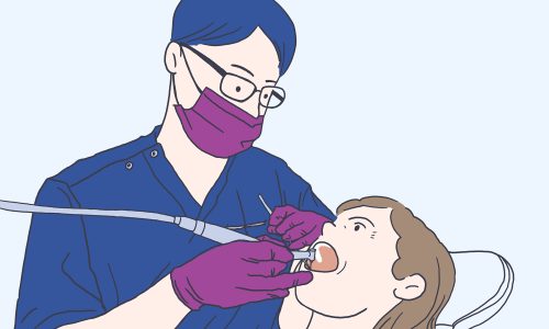 Little girl talking to the dendist. Child in the dentist's office. Woman in a uniform